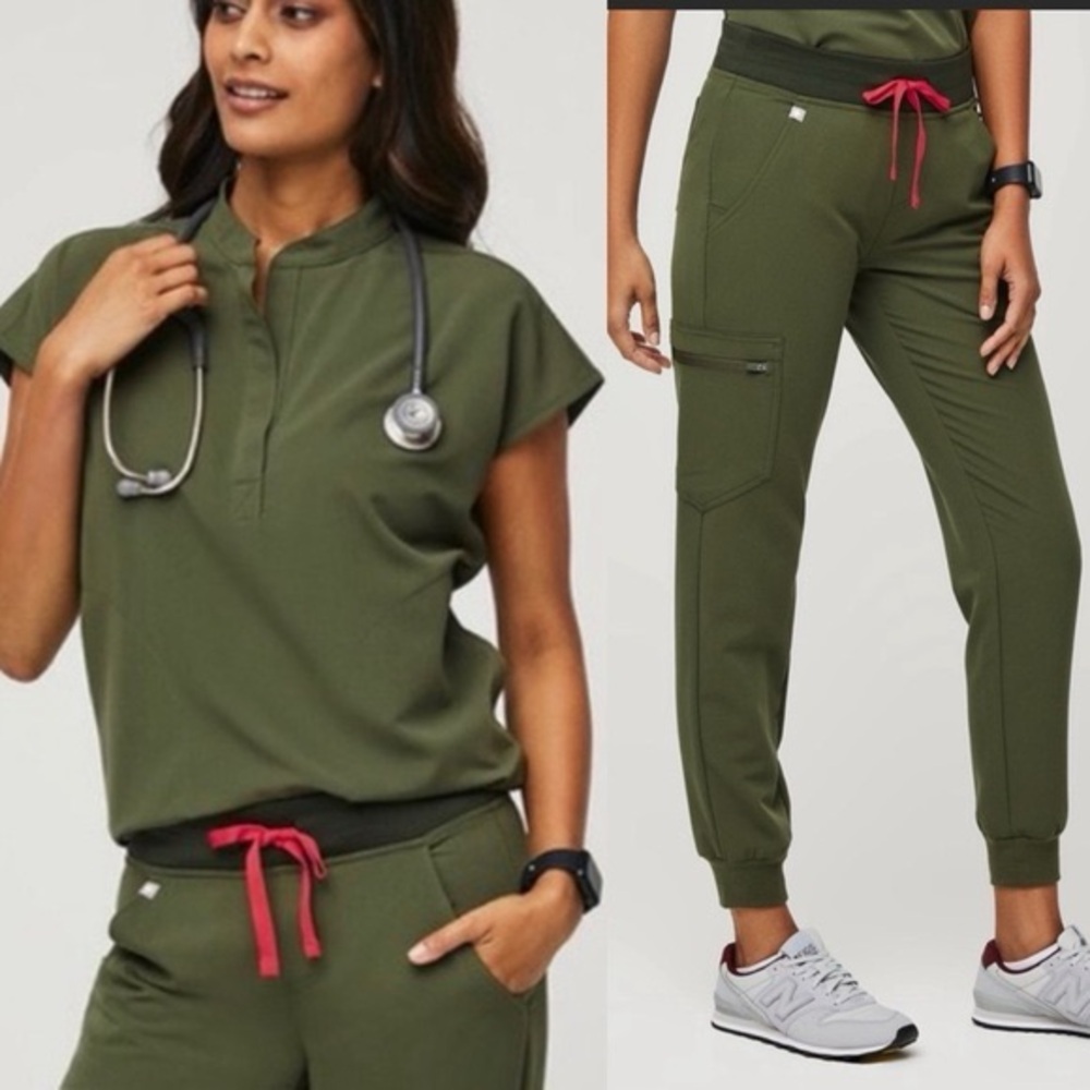 FIGS Women’s Dark Olive Scrub Set - Zamora Joggers and Catarina Scrub Top